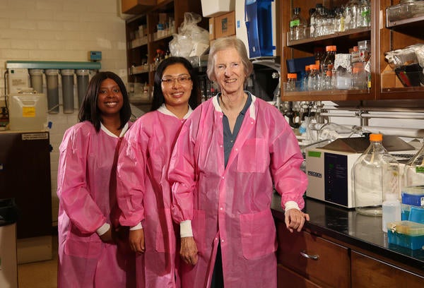 Dr. Prue Talbot in a lab with students