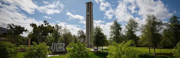 UCR campus with bell tower and sign