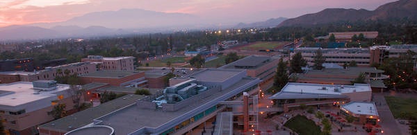 The HUB at dusk, aerial image, (c) UCR