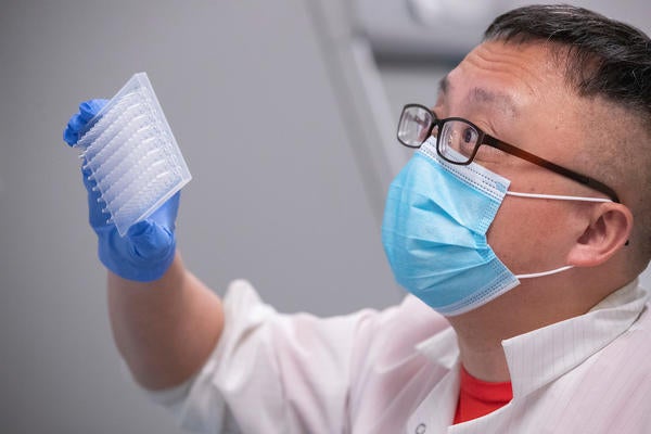 Assistant Professor Rong Hai prepares equipment in the COVID-19 testing lab (UCR/Stan Lim)