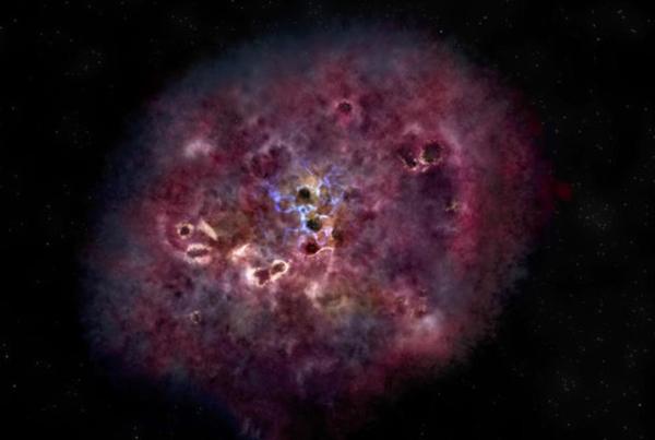 XMM-2599 began as a massive, dusty star-forming galaxy in the very early universe. Credit: NRAO/AUI/NSF/B. Saxton; NASA/ESA/R. Foley; NASA/StScI.