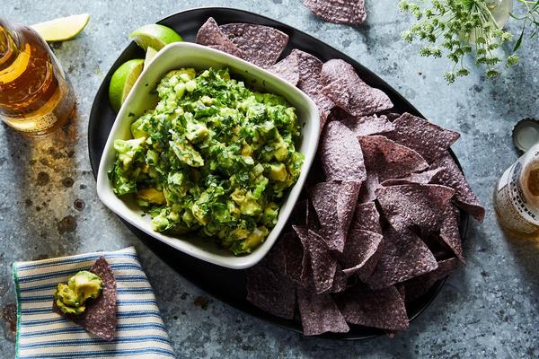 Guacamole with chips, avocado