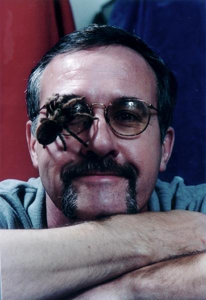 retired UCR professor Richard S. Vetter with spider on his glasses