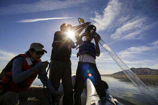 working with a corer on the Salton Sea